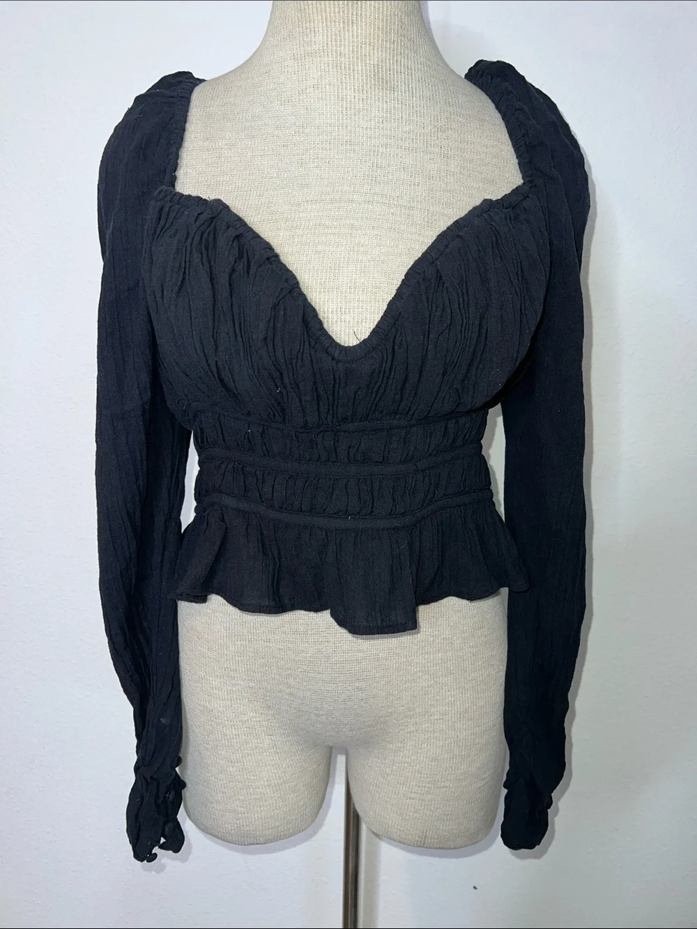 Free People Black Smocked Gauze Peasant Top